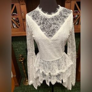 Misha Collection Ivory Brandy lace peplum top with dramatic lace bell sleeves-6